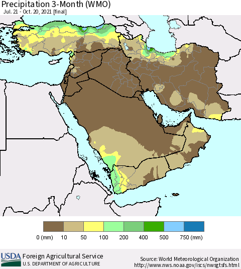 Middle East and Turkey Precipitation 3-Month (WMO) Thematic Map For 7/21/2021 - 10/20/2021