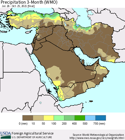 Middle East and Turkey Precipitation 3-Month (WMO) Thematic Map For 7/26/2021 - 10/25/2021