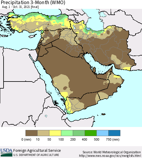 Middle East and Turkey Precipitation 3-Month (WMO) Thematic Map For 8/1/2021 - 10/31/2021