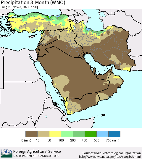 Middle East and Turkey Precipitation 3-Month (WMO) Thematic Map For 8/6/2021 - 11/5/2021