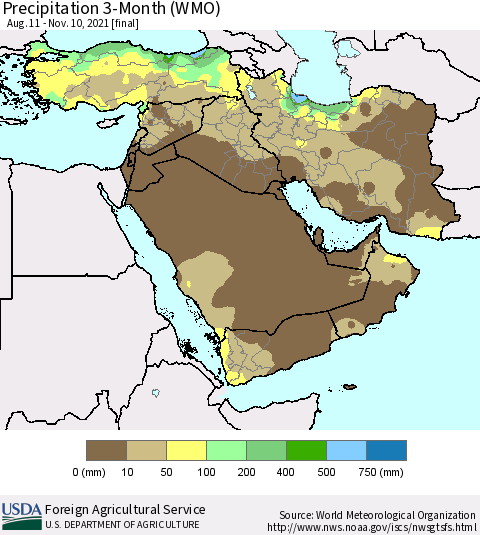 Middle East and Turkey Precipitation 3-Month (WMO) Thematic Map For 8/11/2021 - 11/10/2021