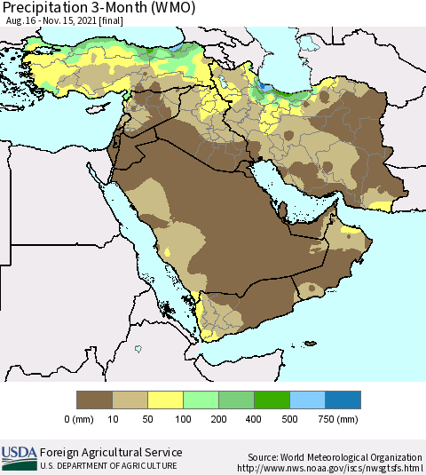 Middle East and Turkey Precipitation 3-Month (WMO) Thematic Map For 8/16/2021 - 11/15/2021