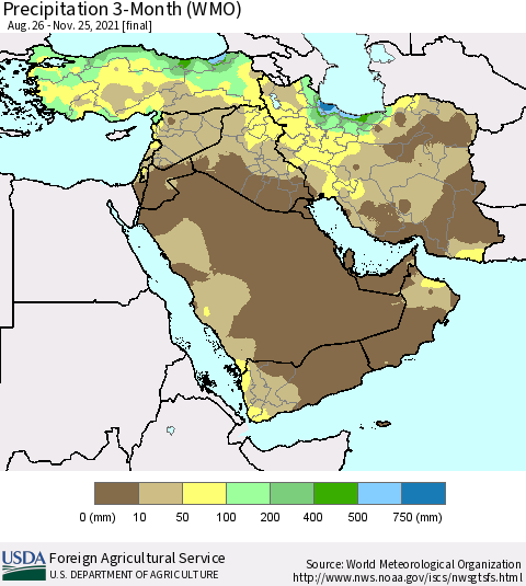 Middle East and Turkey Precipitation 3-Month (WMO) Thematic Map For 8/26/2021 - 11/25/2021