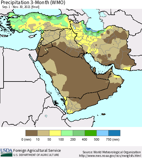 Middle East and Turkey Precipitation 3-Month (WMO) Thematic Map For 9/1/2021 - 11/30/2021