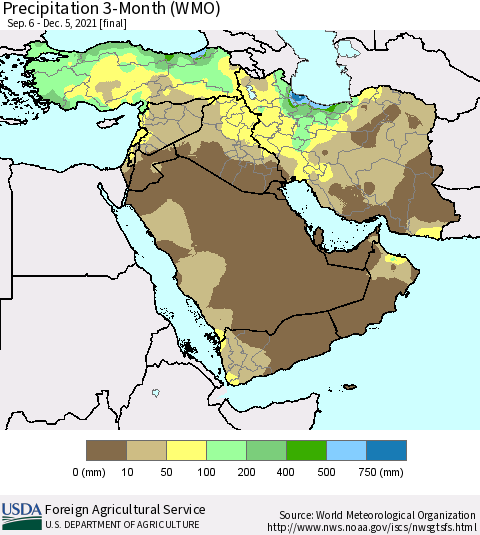 Middle East and Turkey Precipitation 3-Month (WMO) Thematic Map For 9/6/2021 - 12/5/2021