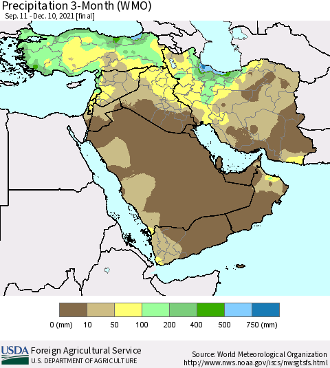 Middle East and Turkey Precipitation 3-Month (WMO) Thematic Map For 9/11/2021 - 12/10/2021