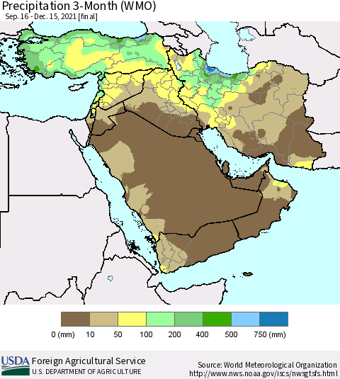 Middle East and Turkey Precipitation 3-Month (WMO) Thematic Map For 9/16/2021 - 12/15/2021