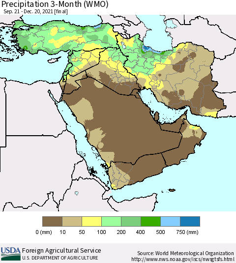 Middle East and Turkey Precipitation 3-Month (WMO) Thematic Map For 9/21/2021 - 12/20/2021