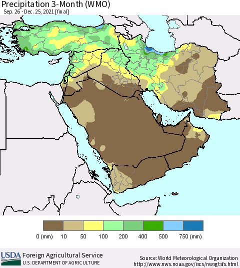 Middle East and Turkey Precipitation 3-Month (WMO) Thematic Map For 9/26/2021 - 12/25/2021