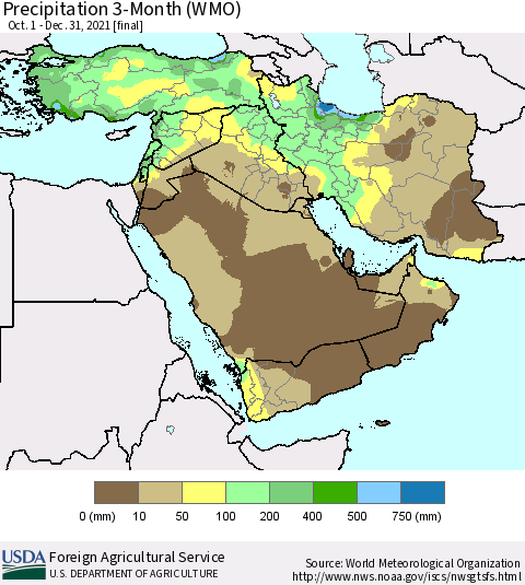 Middle East and Turkey Precipitation 3-Month (WMO) Thematic Map For 10/1/2021 - 12/31/2021