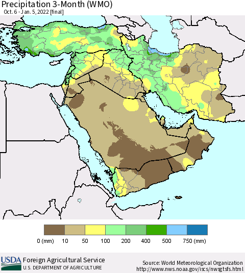 Middle East and Turkey Precipitation 3-Month (WMO) Thematic Map For 10/6/2021 - 1/5/2022