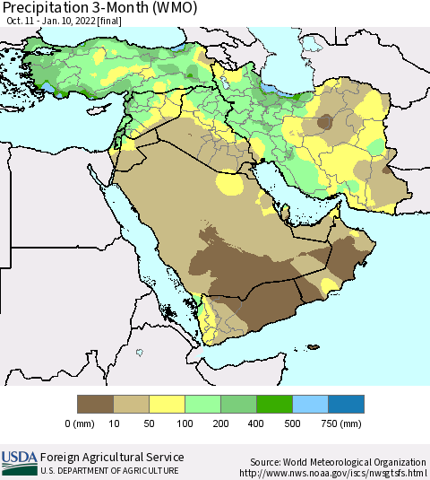 Middle East and Turkey Precipitation 3-Month (WMO) Thematic Map For 10/11/2021 - 1/10/2022