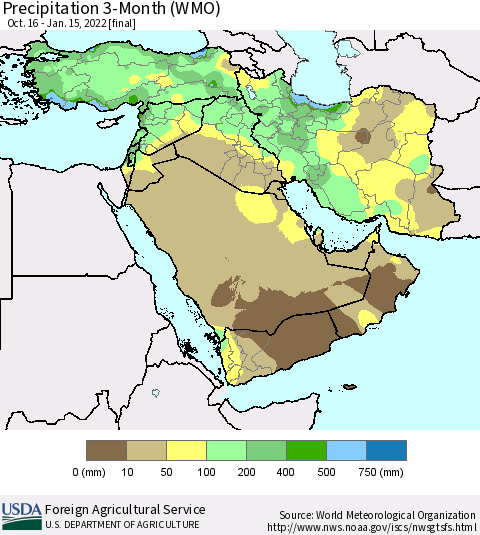 Middle East and Turkey Precipitation 3-Month (WMO) Thematic Map For 10/16/2021 - 1/15/2022