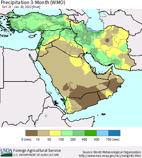 Middle East and Turkey Precipitation 3-Month (WMO) Thematic Map For 10/21/2021 - 1/20/2022