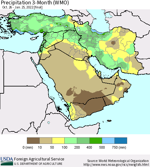 Middle East and Turkey Precipitation 3-Month (WMO) Thematic Map For 10/26/2021 - 1/25/2022
