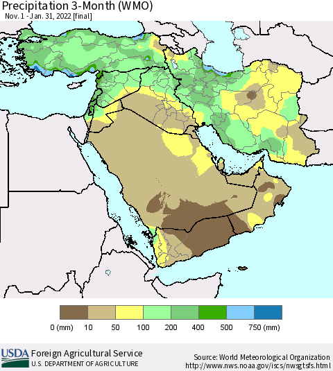 Middle East and Turkey Precipitation 3-Month (WMO) Thematic Map For 11/1/2021 - 1/31/2022
