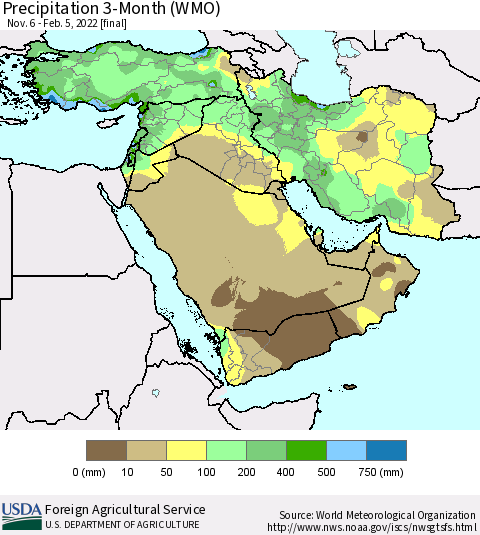Middle East and Turkey Precipitation 3-Month (WMO) Thematic Map For 11/6/2021 - 2/5/2022
