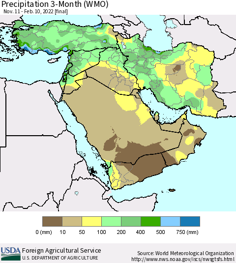Middle East and Turkey Precipitation 3-Month (WMO) Thematic Map For 11/11/2021 - 2/10/2022