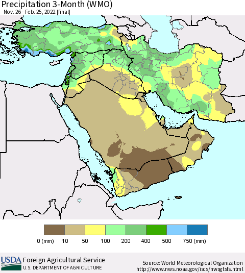 Middle East and Turkey Precipitation 3-Month (WMO) Thematic Map For 11/26/2021 - 2/25/2022