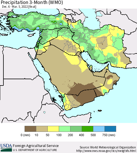 Middle East and Turkey Precipitation 3-Month (WMO) Thematic Map For 12/6/2021 - 3/5/2022