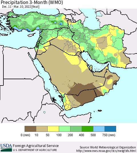 Middle East and Turkey Precipitation 3-Month (WMO) Thematic Map For 12/11/2021 - 3/10/2022