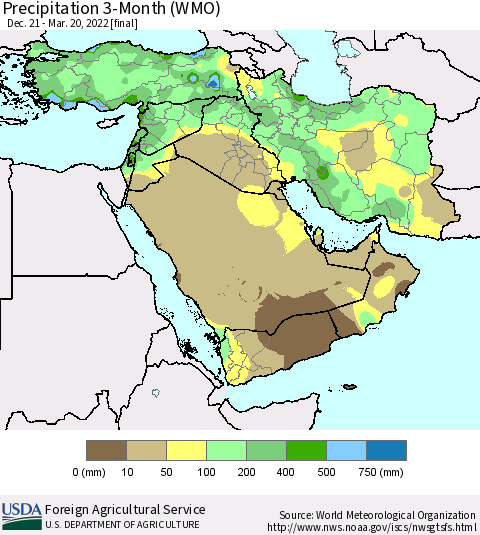 Middle East and Turkey Precipitation 3-Month (WMO) Thematic Map For 12/21/2021 - 3/20/2022