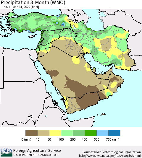 Middle East and Turkey Precipitation 3-Month (WMO) Thematic Map For 1/1/2022 - 3/31/2022