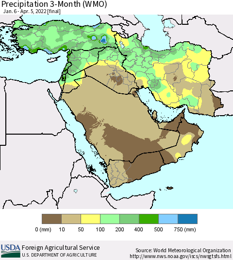 Middle East and Turkey Precipitation 3-Month (WMO) Thematic Map For 1/6/2022 - 4/5/2022