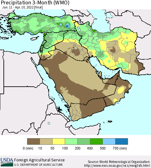Middle East and Turkey Precipitation 3-Month (WMO) Thematic Map For 1/11/2022 - 4/10/2022