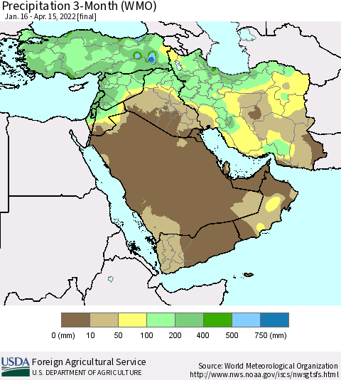 Middle East and Turkey Precipitation 3-Month (WMO) Thematic Map For 1/16/2022 - 4/15/2022