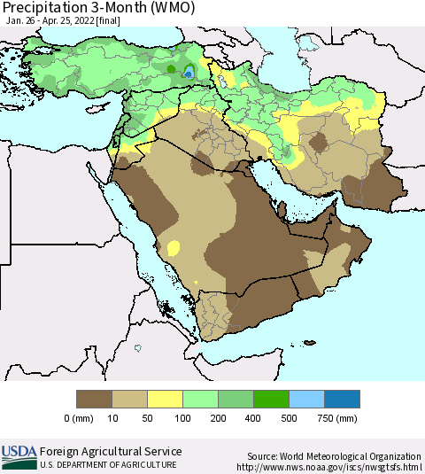 Middle East and Turkey Precipitation 3-Month (WMO) Thematic Map For 1/26/2022 - 4/25/2022