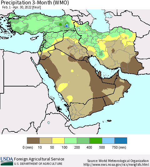 Middle East and Turkey Precipitation 3-Month (WMO) Thematic Map For 2/1/2022 - 4/30/2022