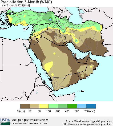 Middle East and Turkey Precipitation 3-Month (WMO) Thematic Map For 3/6/2022 - 6/5/2022