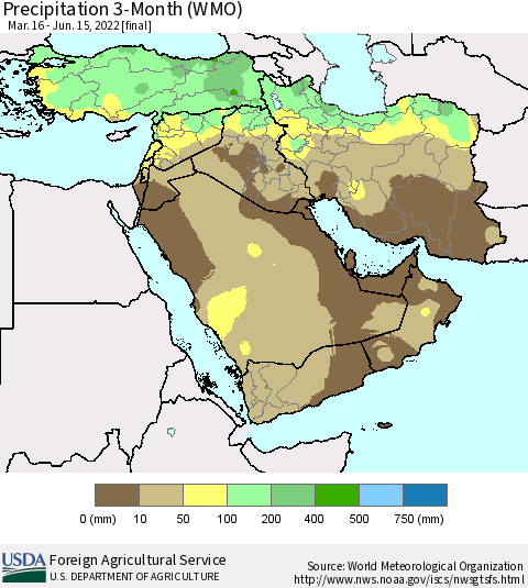 Middle East and Turkey Precipitation 3-Month (WMO) Thematic Map For 3/16/2022 - 6/15/2022