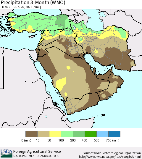 Middle East and Turkey Precipitation 3-Month (WMO) Thematic Map For 3/21/2022 - 6/20/2022