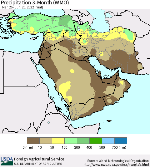 Middle East and Turkey Precipitation 3-Month (WMO) Thematic Map For 3/26/2022 - 6/25/2022