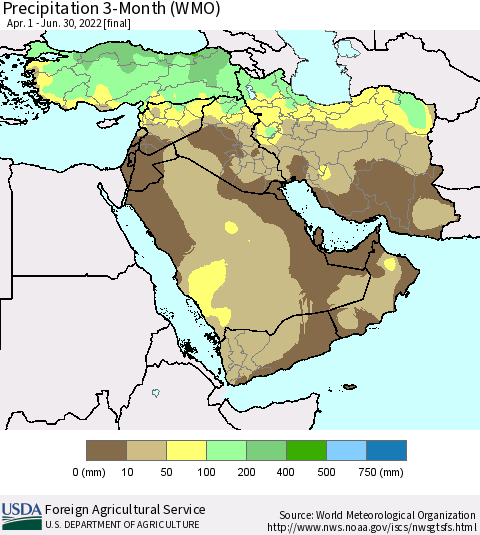 Middle East and Turkey Precipitation 3-Month (WMO) Thematic Map For 4/1/2022 - 6/30/2022