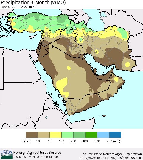 Middle East and Turkey Precipitation 3-Month (WMO) Thematic Map For 4/6/2022 - 7/5/2022