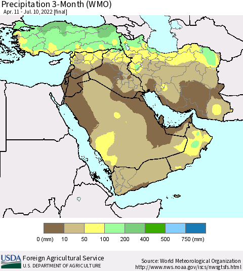 Middle East and Turkey Precipitation 3-Month (WMO) Thematic Map For 4/11/2022 - 7/10/2022