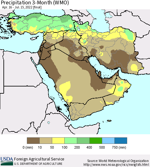 Middle East and Turkey Precipitation 3-Month (WMO) Thematic Map For 4/16/2022 - 7/15/2022