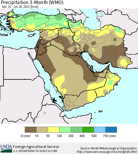Middle East and Turkey Precipitation 3-Month (WMO) Thematic Map For 4/21/2022 - 7/20/2022
