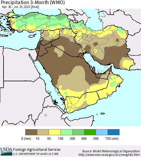 Middle East and Turkey Precipitation 3-Month (WMO) Thematic Map For 4/26/2022 - 7/25/2022