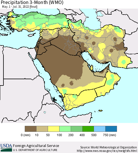 Middle East and Turkey Precipitation 3-Month (WMO) Thematic Map For 5/1/2022 - 7/31/2022