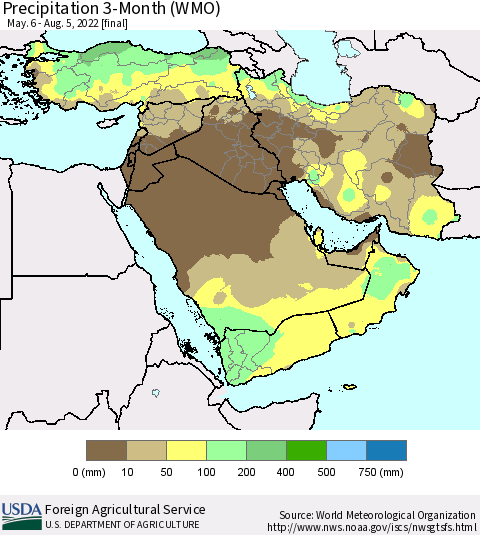 Middle East and Turkey Precipitation 3-Month (WMO) Thematic Map For 5/6/2022 - 8/5/2022