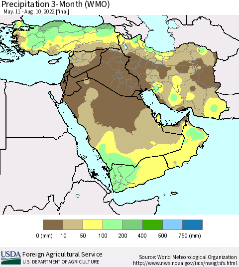 Middle East and Turkey Precipitation 3-Month (WMO) Thematic Map For 5/11/2022 - 8/10/2022