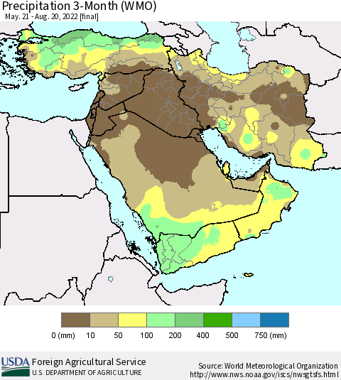 Middle East and Turkey Precipitation 3-Month (WMO) Thematic Map For 5/21/2022 - 8/20/2022