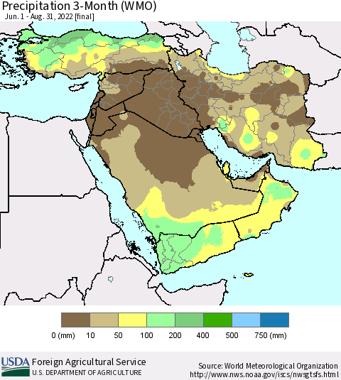 Middle East and Turkey Precipitation 3-Month (WMO) Thematic Map For 6/1/2022 - 8/31/2022