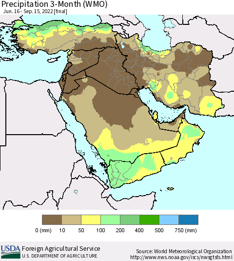 Middle East and Turkey Precipitation 3-Month (WMO) Thematic Map For 6/16/2022 - 9/15/2022