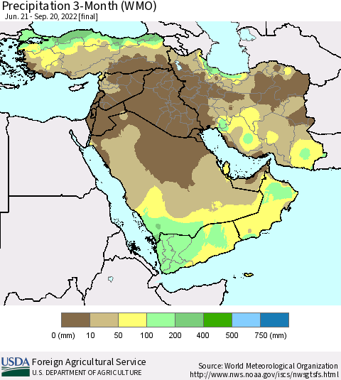 Middle East and Turkey Precipitation 3-Month (WMO) Thematic Map For 6/21/2022 - 9/20/2022