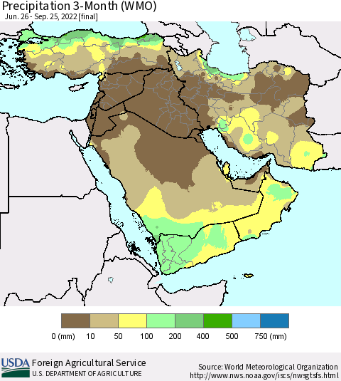 Middle East and Turkey Precipitation 3-Month (WMO) Thematic Map For 6/26/2022 - 9/25/2022